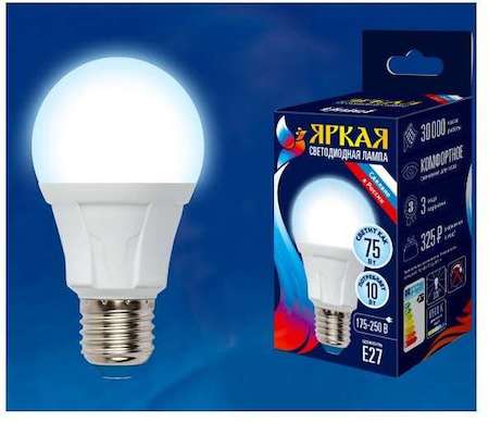 Лампа светодиодная LED-A60 10W/DW/E27/FR грушевидная PLP01WH форма "А" мат. серия "ЯРКАЯ" свет дневной 6500К упак. картон Uniel UL-00002004