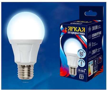 Лампа светодиодная LED-A60 8W/DW/E27/FR грушевидная PLP01WH форма "А" мат. серия "ЯРКАЯ" свет дневной 6500К упак. картон Uniel UL-00002003