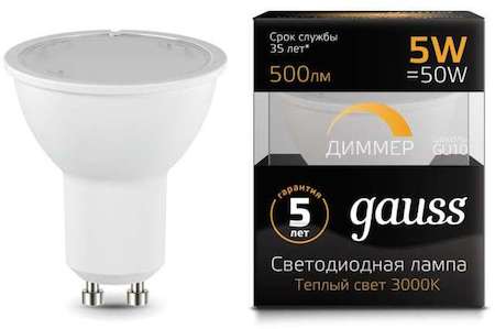 Gauss Лампа светодиодная MR16 GU10-dim 5Вт 3000К диммир. GAUSS 101506105-D