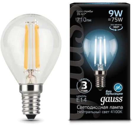 Gauss Лампа светодиодная Filament Шар E14 9Вт 4100К GAUSS 105801209