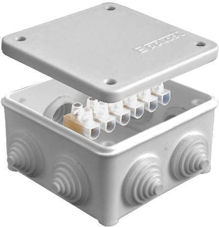 Электропромпласт Коробка распр. ОП 85х85х45 7 выходов 3 гермоввода с клемм. 10А 6 контактов IP54 крышка на винтах сер. Epplast 130114