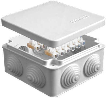 Электропромпласт Коробка распр. ОП 105х105х56 7 выходов 4 гермоввода с клемм. 10А 12 контактов IP54 крышка защелкивающаяся сер. Epplast 100014