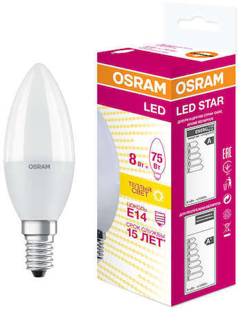 Osram Лампа светодиодная LED STAR CLASSIC B 75 8W/830 8Вт свеча 3000К тепл. бел. E14 806лм 220-240В матов. пласт. OSRAM 4058075210684