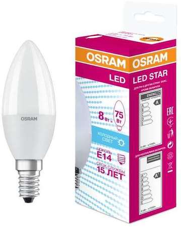 Osram Лампа светодиодная LED STAR CLASSIC B 75 8W/840 8Вт свеча 4000К нейтр. бел. E14 806лм 220-240В матов. пласт. OSRAM 4058075210714