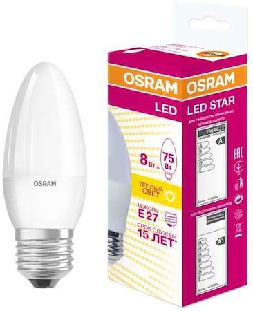 Osram Лампа светодиодная LED STAR CLASSIC B 75 8W/830 8Вт свеча 3000К тепл. бел. E27 806лм 220-240В матов. пласт. OSRAM 4058075210745