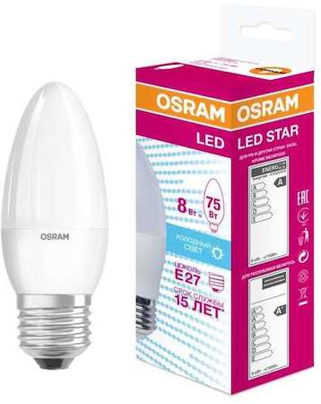 Osram Лампа светодиодная LED STAR CLASSIC B 75 8W/840 8Вт свеча 4000К нейтр. бел. E27 806лм 220-240В матов. пласт. OSRAM 4058075210776