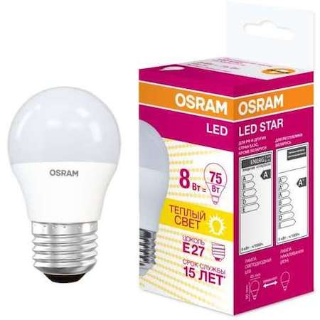 Osram Лампа светодиодная LED STAR CLASSIC P 75 8W/830 8Вт шар 3000К тепл. бел. E27 806лм 220-240В матов. пласт. OSRAM 4058075210868
