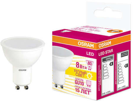 Osram Лампа светодиодная LED STAR PAR16 8W/830 (замена 75Вт) 8Вт 3000К тепл. бел. GU10 700лм 220-240В матов. пласт. OSRAM 4058075210981