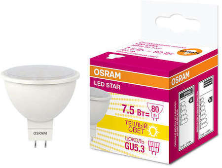 Osram Лампа светодиодная LED STAR MR16 7.5W/830 (замена 75Вт) 7.5Вт пласт. 3000К тепл. бел. GU5.3 700лм 110 град. 220-240В OSRAM 4058075229068