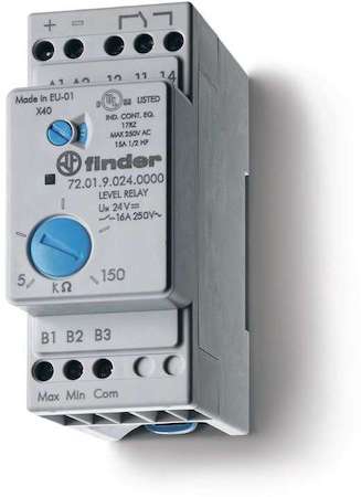 Finder Реле контроля уровня настраиваемый диапазон чувствительности 5…150кОм 240В AC выход 1CO 16А модульное 35мм IP20 FINDER 720182400000