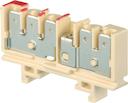 beige Railway Terminal Blocks HD6/9.2G.3G 2 circuits. 1 terminal block with 3 tabs for 6,3 x 0,8 mm (.248" x .031") quick connect, marked in red.  1 terminal block with 2 tabs for 6,3 x 0,8 mm (.248" x .031") quick connect with possible testing and transverse connection
