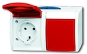 Розетка SCHUKO 16А 250В IP44, двойная, для открытого монтажа, c красной крышкой, серия ocean, цвет серый/сине-зелёный