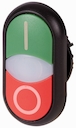 Сдвоенная кнопка с сигнальной лампой, без фиксации, цвет зеленый+красный с обозначением I O, черное лицевое кольцо