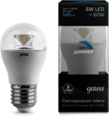 Лампа Gauss LED Globe-dim Crystal Clear E27 6W 4100K диммируемая 1/10/50